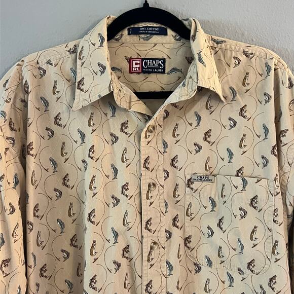 Chaps Ralph Lauren Men’s Button Down Shirt Fishing Print Beige Cotton Size L - Picture 1 of 6